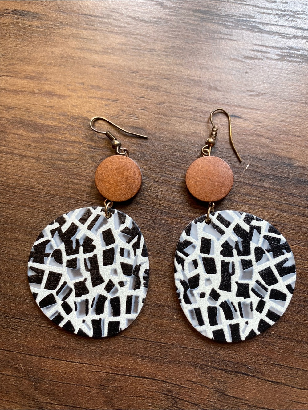 Black & White Mosaic Drop Earrings with wood Disc Accent